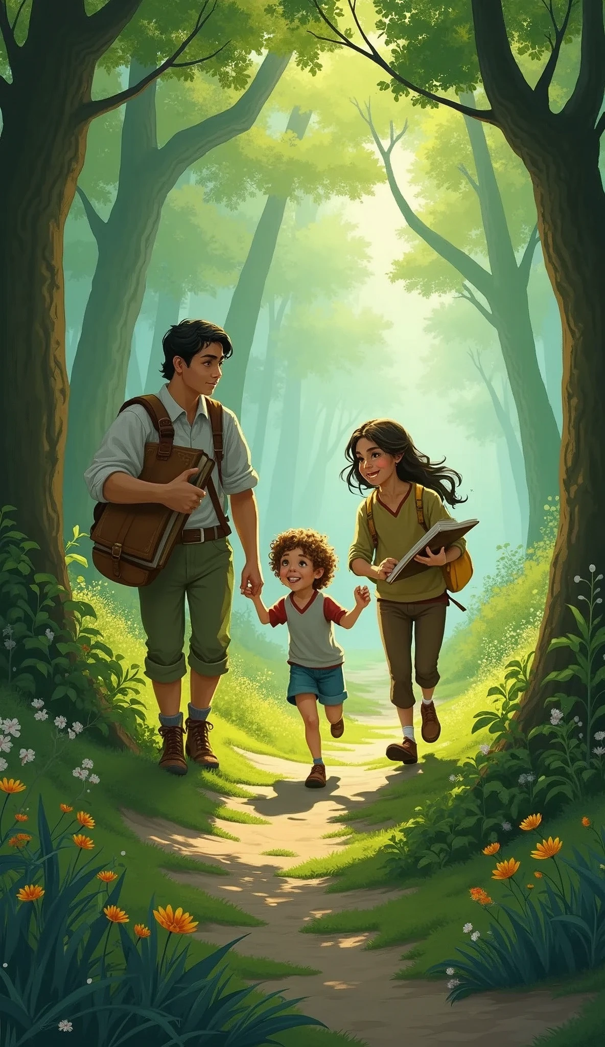 create an image as follows, the three brothers walking through the forest, laughing and chatting animatedly. WHOM, the eldest, holds a book, Bela, the middle sister, is holding a sketchbook, it's Sam, The youngest, jumps between them with energy.