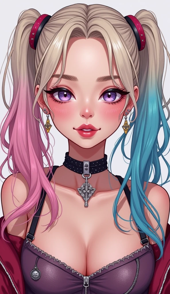 KOREAN Webtoon, beautiful young Korean idol, 20 year old cute, Detailed and intricated Harley Quinn from DC comics, aesthetic, wearing punk outfit, highly detailed eyes, sexy, pastel hair, digital art, illustration, art by Carne Griffiths, adorable face, flawless skin, portrait photography, frontal view, perfect detailed symmetrical eyes, perfect face symmetry, perfect teeth, crisp quality, intricate details, realistic skin texture