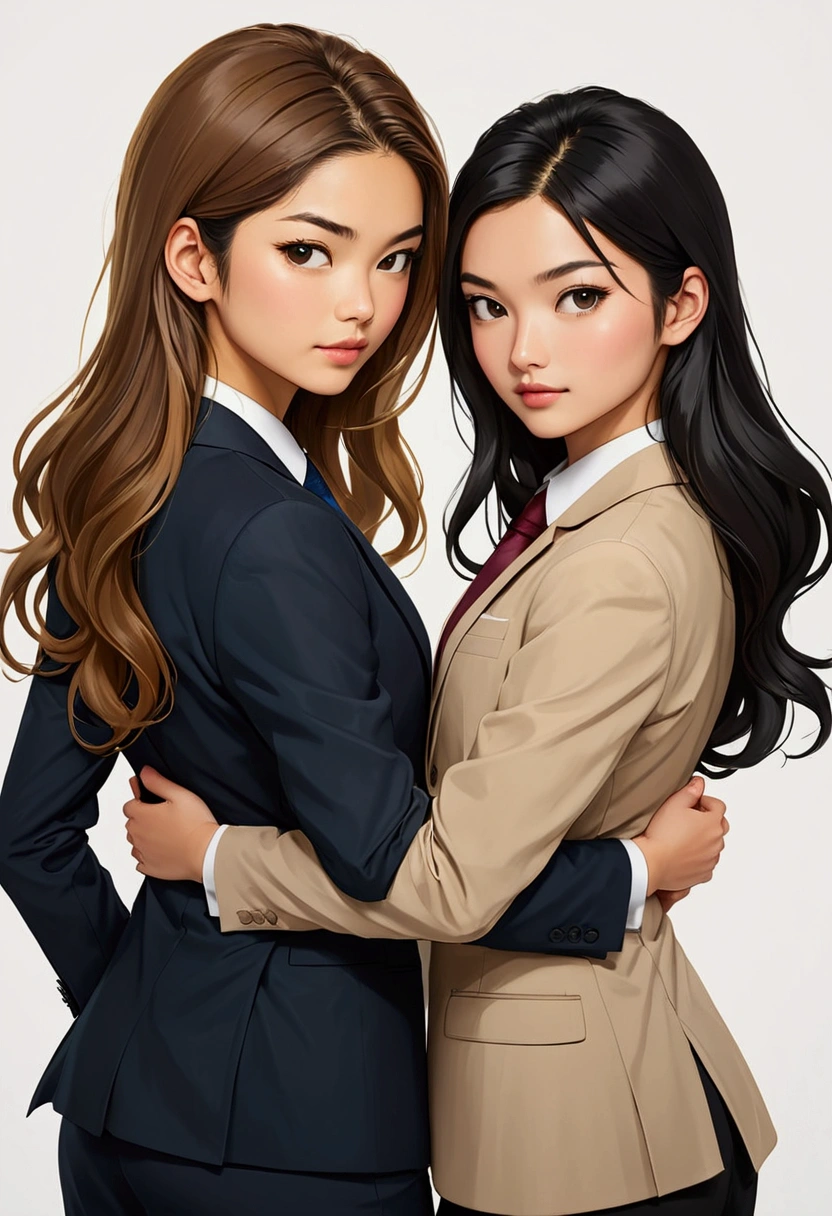 Two beautiful Sarah Kay style women in love. One is 21 years old, with long light brown hair, British, dressed in a suit, the other is a beautiful 25 year old Asian woman, with long black hair, dressed in a suit, they are standing back to back in a relaxed attitude with their arms crossed.