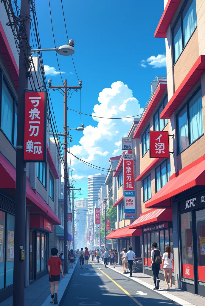 Make a modern anime business street with bright but cold colors and a KFC in the background as a business with an anime crowd included