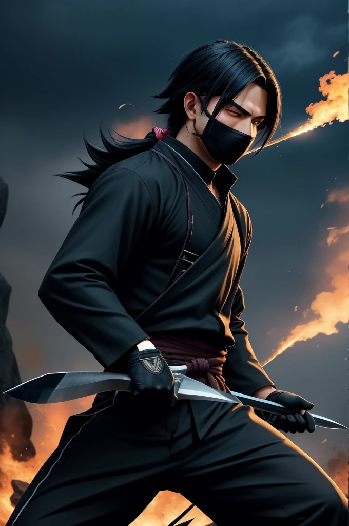 a profesional picture of 1man Slytherin, the Unseen Ninja was a shadow in the night, a master of stealth and deception. His dark indigo ninja garb was lined with a flexible, metallic weave that could deflect blades and projectiles. His face was hidden behind a sleek, black mask with slits for his eyes, enhancing his already acute night vision. His body was lean and sinewy, the result of years of rigorous training in the art of ninjutsu. His hair was a raven black, cut in a severe, practical style that would not impede his movements. His hands were adorned with fingerless gloves, allowing him to grip and handle his ninja tools with ease. A pair of kunai knives were strapped to his thighs, and a bow with a quiver of arrows was slung over his back, ready for combat or silent assassination. BREAK, realistic, perfect quality, best quality, ultrasharp, ultradetailed, perfect quality, masterpiece, intricated details, punk, AS-YoungerV2 Splash, splashes, splashing, explosion, exploding smoke, smokkk, colorfull cyan, hotify, vivid colors