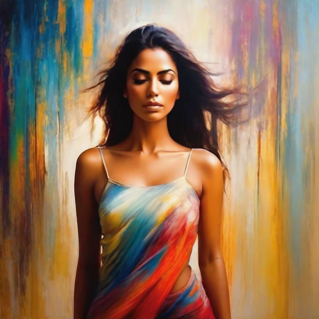 I am the blurred lines of her and her different faces that exist above her of her different lives only a blurred figure of her body and the expression of her face that sees the pain is seen , It is hope come true, her entire body is seen in blur, the message I want to convey is that there is tranquility for her. , 24k artwork uses volume in shadows uses the rules of composition uses the rules of cinema uses its colors rule of thirds and all the rules of photography uses the compositions of cinema shadows with volume and uses the latest image creation techniques