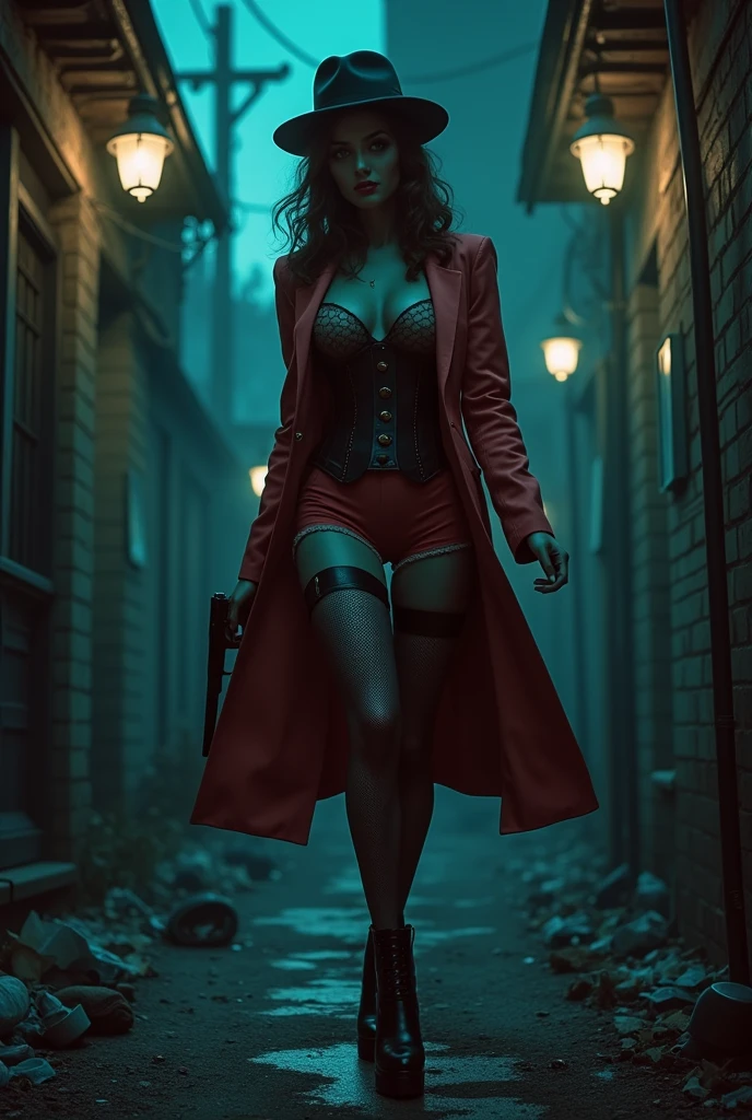 1girl, glowing, neon, coat, hat, fishnets，tight shorts, corset, cleavage, thighs, gun, dirty alley, garbage, smoke, 1940, detective noir,