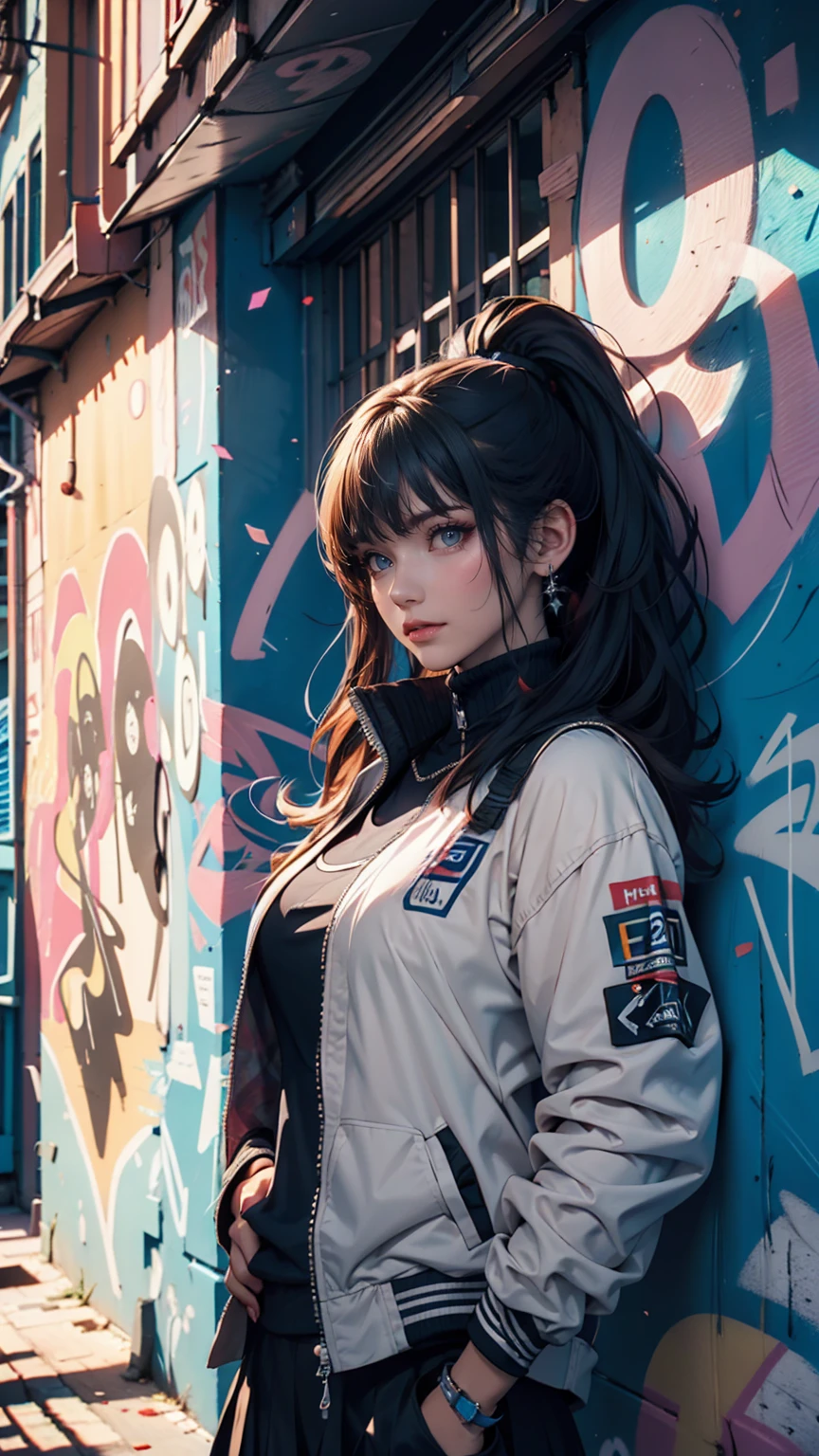 (Highest quality), masterpiece, Highly detailed CG uniform 8K illustrations, High collar, extremely High collar saturation, All the colors have deepened, paint, Graffiti art, Center Configuration, Highly detailed lights and shadows, Graffiti wall, wall painted bright, A girl&#39;s graffiti A girl is staring at the wall, Highly detailed face and eyes, Medium length hair, Sportswear, Coloured Clouds