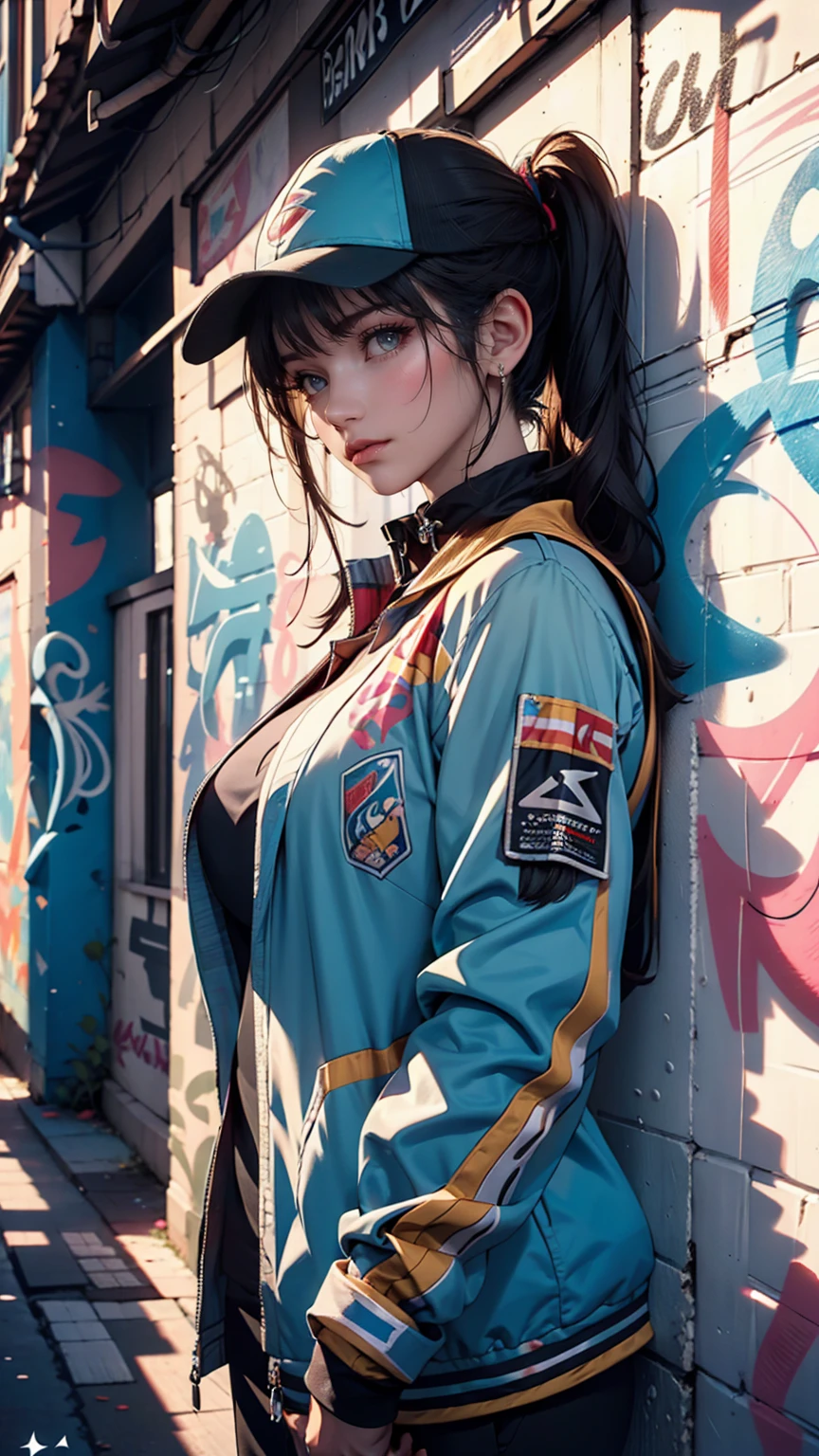 (Highest quality), masterpiece, Highly detailed CG uniform 8K illustrations, High collar, extremely High collar saturation, All the colors have deepened, paint, Graffiti art, Center Configuration, Highly detailed lights and shadows, Graffiti wall, wall painted bright, A girl's graffiti A girl is staring at the wall, Highly detailed face and eyes, Medium length hair, Sportswear, Coloured Clouds