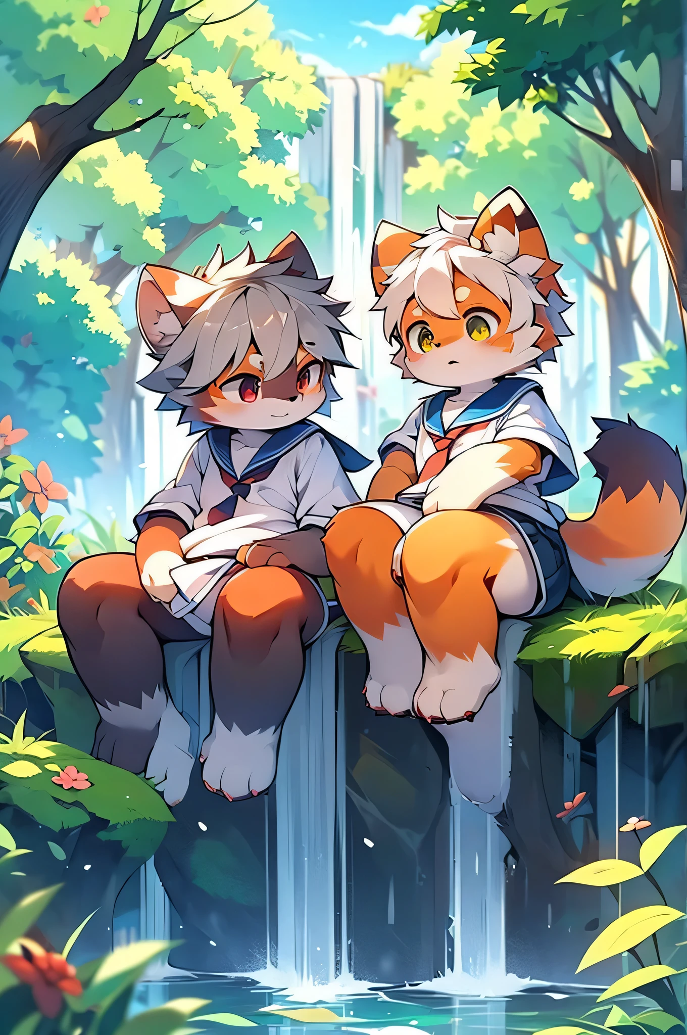 Dagashi,Hair growing all over the body,Red fur,Red face,Gray Hair,male red panda,Libido boy,Red face fur,Fluffy tail,10 years old,Shining Eyes,Panoramic View:1.2,Character Focus,（(Wearing a sailor uniform,River side,waterfall,nature,beautiful))