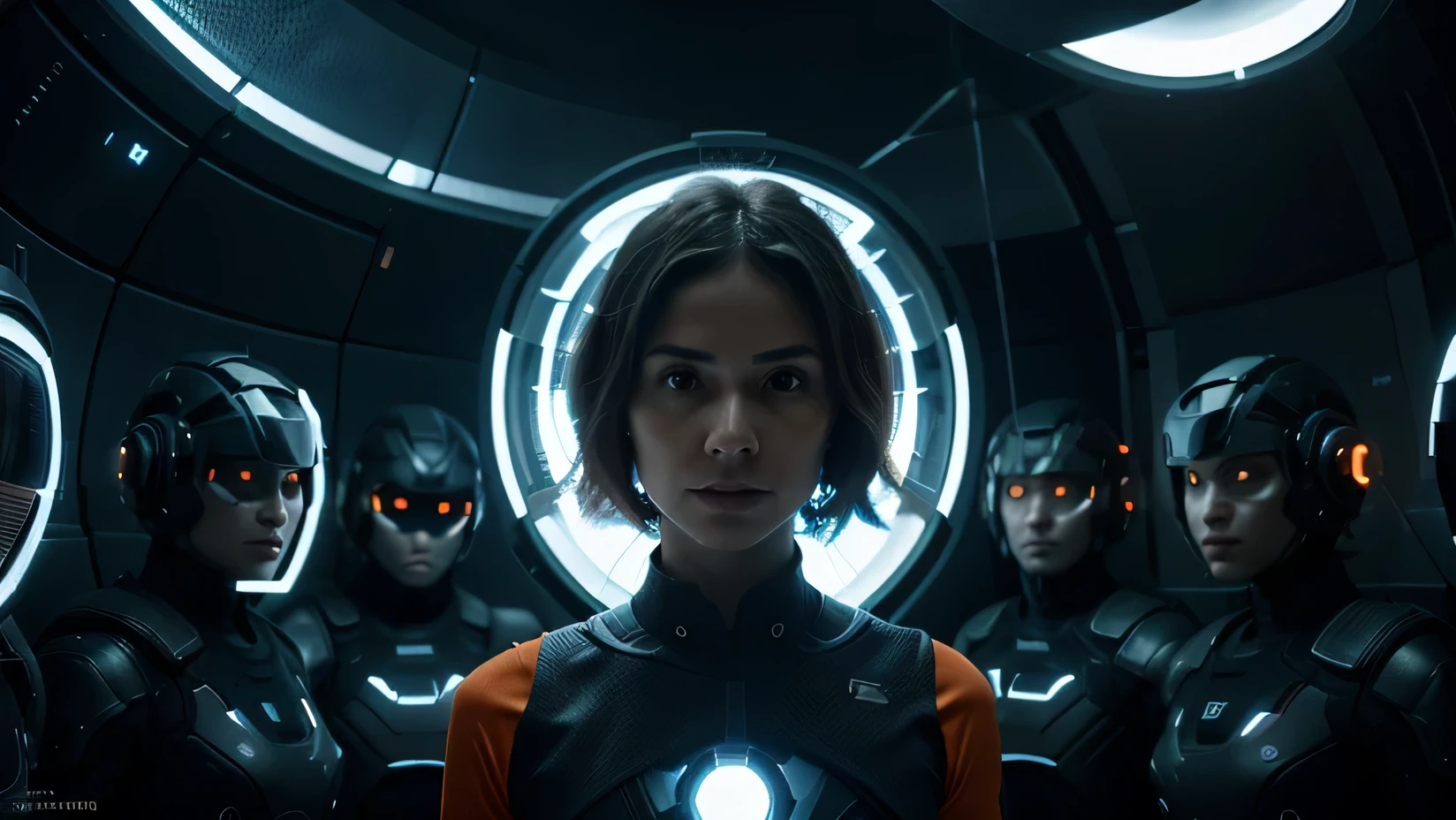 Ultra hd quality, 8k, Seven diverse people standing in a circle, each facing a glowing futuristic portal with intricate digital patterns surrounding it. The portal emits a warm orange light that contrasts with the cooler blue tones of the background. The environment is dark, with the focus on the portal and the people, casting soft shadows. The people are dressed in modern, casual clothing, and their expressions convey curiosity and awe. The scene has a sci-fi aesthetic, with a blend of technology and human interaction, set in a high-tech, immersive environment.
