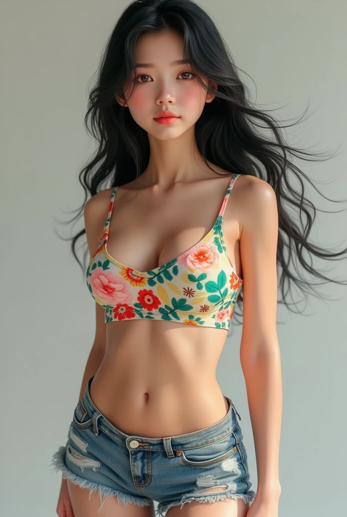 (lifelike, high - resolution:1.3), 1 japanese girl with a perfect body, Super fine face and eyes,slong hair, Tank top of random colors:1.2, short jeans, big boob,Expose cleavage
