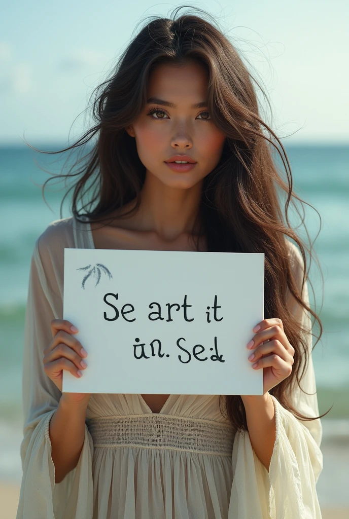 Beautiful girl with wavy long hair, bohemian dress, holding a white board with text "I Love Seaart Infinity" and showing it to the viewer