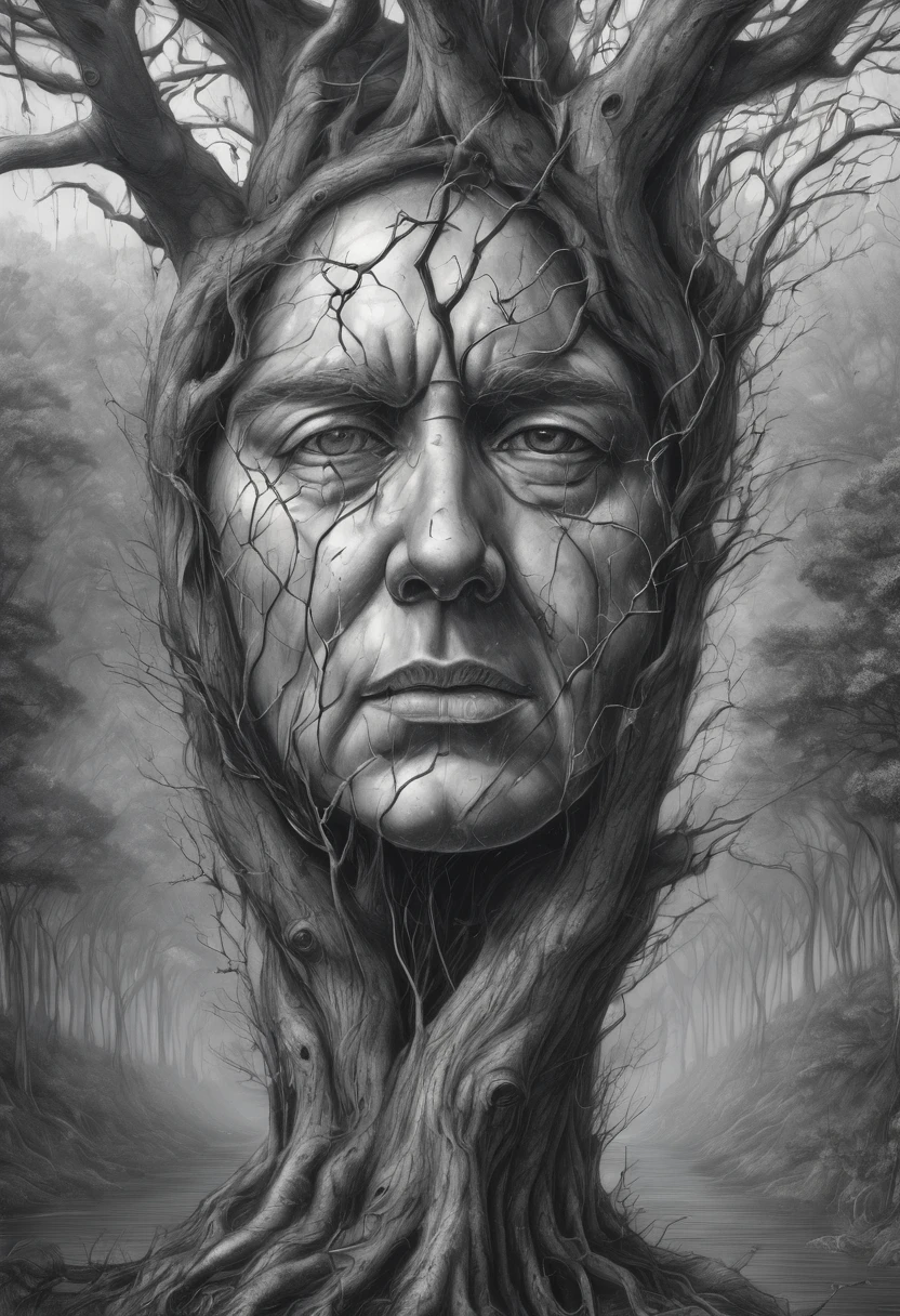 floating head, stuck in the branches of a tree, expression of pain and agony, Surreal Image, garden of time in the background, ultra-detailed, masterpiece, sketch, coal, Pencil