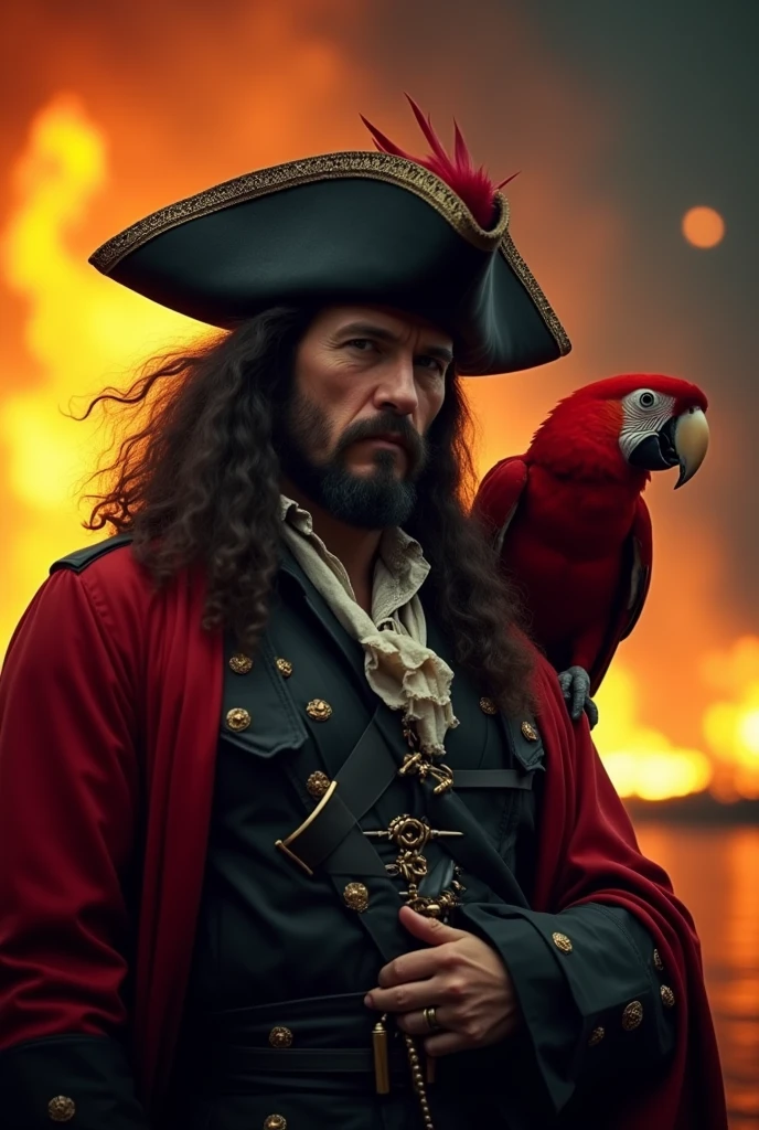 a parrot pirate captain wearing an old tricorn hat and black outfit, he has red feathers, (has a red parrot on his shoulder, red parrot:1.3) fire in background, cinematic photography, cinematic lighting, dramatic shadows, dynamic light reflections:1.2) hkpirate, masterpiece, best quality, highly detailed, sharp focus, dynamic lighting