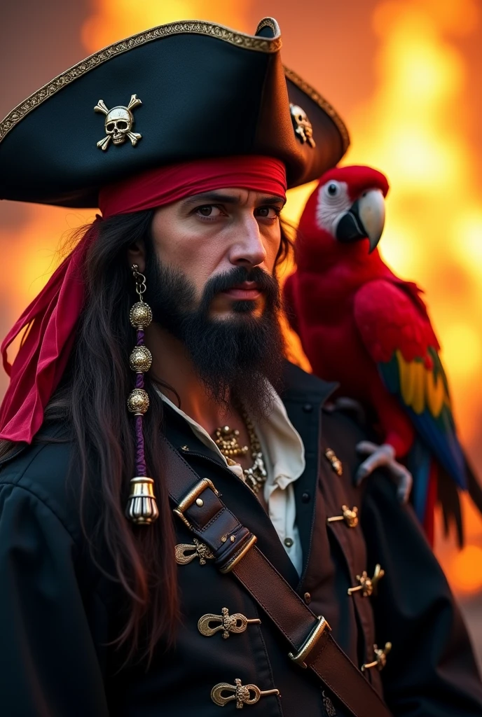 a parrot pirate captain wearing an old tricorn hat and black outfit, he has red feathers, (has a red parrot on his shoulder, red parrot:1.3) fire in background, cinematic photography, cinematic lighting, dramatic shadows, dynamic light reflections:1.2) hkpirate, masterpiece, best quality, highly detailed, sharp focus, dynamic lighting