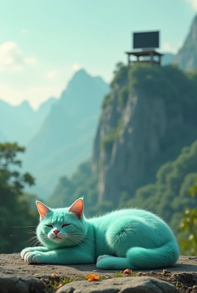 A Tiffany green cat lying on the ground, lazy and unmotivated. There is a computer next to it. A Chinese style background. There is a computer on the top of a huge mountain.