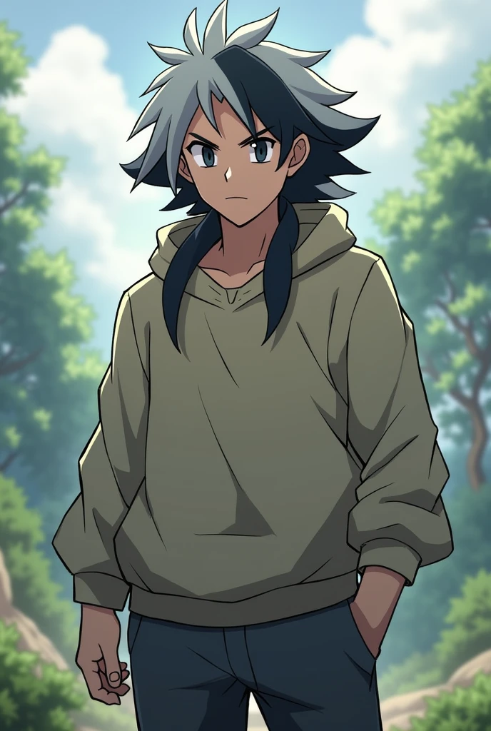 A pokemon trainer character, masculine,has black eyes with white pupils, long hair up to the beginning of the neck, gray in color with black highlights, wears an informal style of clothing, always wearing a sweatshirt and pants made of comfortable, loose fabric,