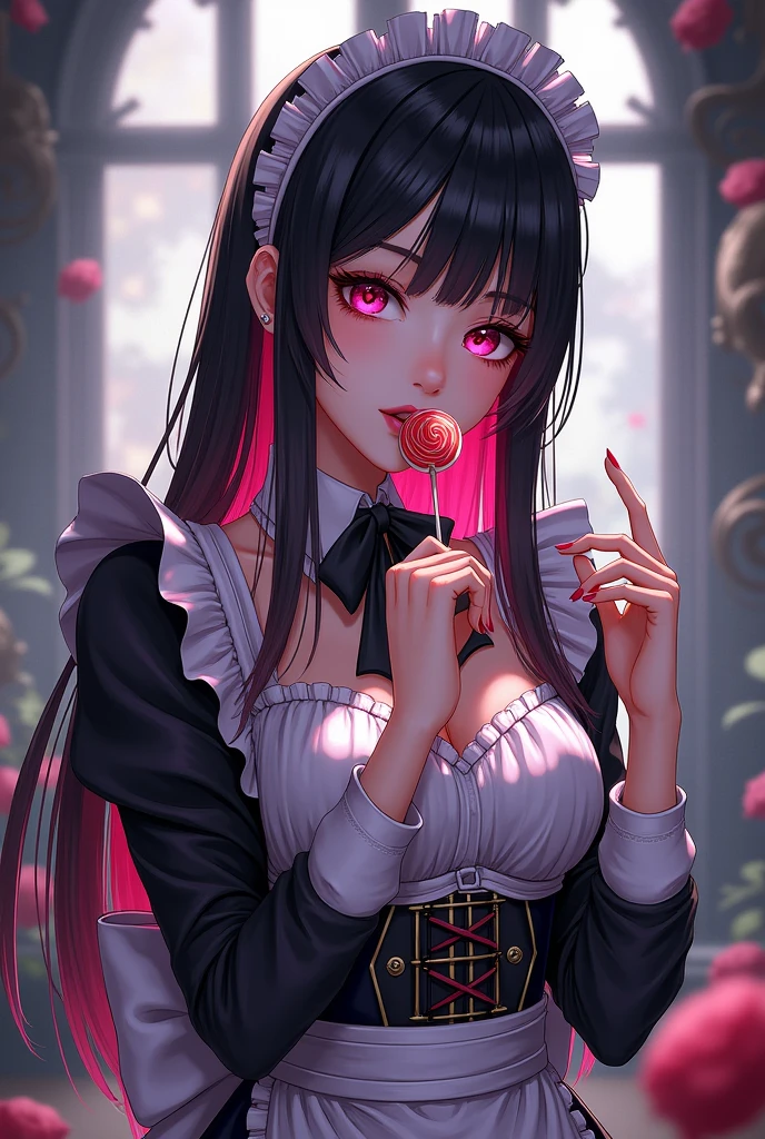 Draw Genshin Style, Adult girl, maid outfit, Black hair is long with pink tips,black bangs, perfect hands, lollipop in mouth,perfect lollipop, Lollipop in the mouth