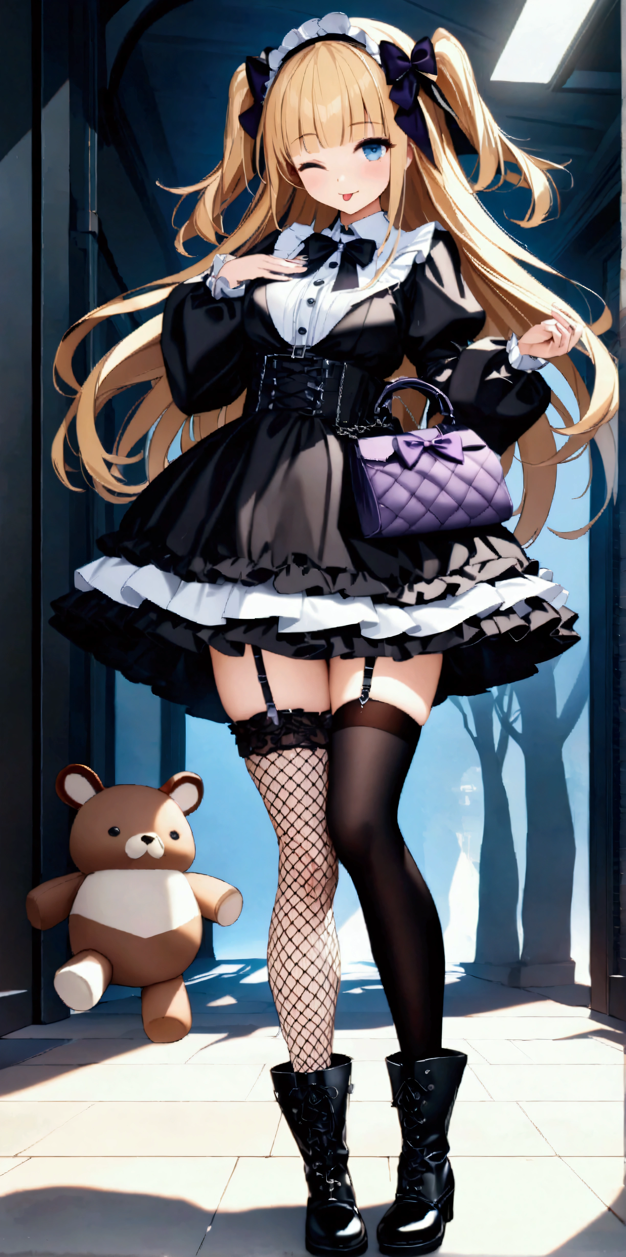  1girl, solo, long hair, looking at viewer, blush, smile, bangs, blue eyes, blonde hair, thighhighs, long sleeves, dress, bow, holding, standing, full body, hair bow, heart, hairband, boots, frills, one eye closed, shoes, tongue, socks, striped, tongue out, blunt bangs, bag, black footwear, two side up, black bow, garter straps, stuffed toy, frilled dress, stuffed animal, single thighhigh, fishnets, puffy long sleeves, asymmetrical legwear, lolita fashion, purple bow, handbag, uneven legwear, cross-laced clothes, fishnet thighhighs, ;p, ((32k)), ((best quality)), ((ultra high res)), ((HDR)), ((UHD)), ((extremely detailed CG)), ((unity 32k wallpaper)), ((perfect anatomy)), 