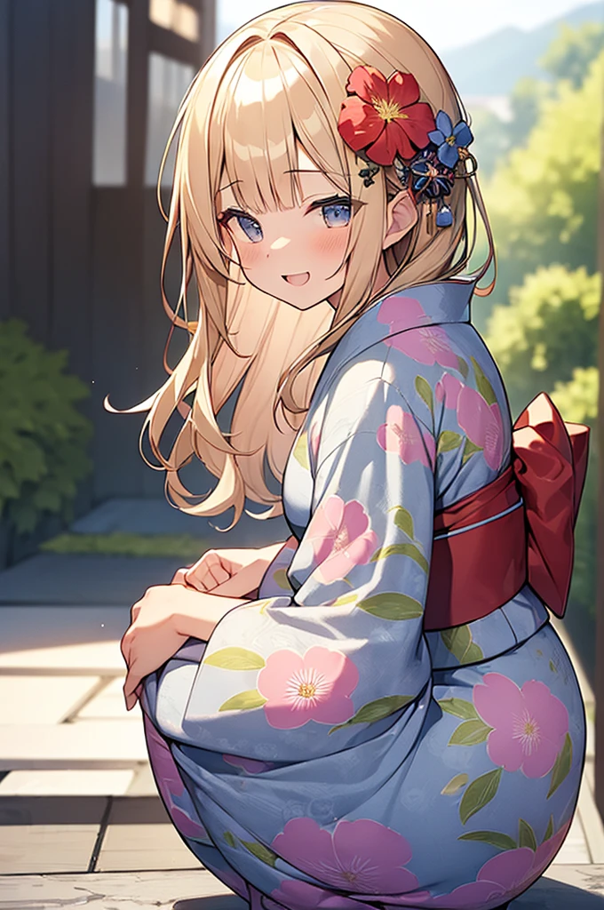 (Masterpiece, Top quality:1.5), (from side:1.2), 1 beautiful girl, solo, squatting down, Blonde, medium Hair, wavy Hair, asymmetry bangs, swept bangs, airy hair, (big hips:1.2), 16 year old, (flower printed yukata :1.3), smile:1.3, blush, beautiful scene of narrow Alley, blurry background, magnificent panorama view, blurry background, open mouth, firework