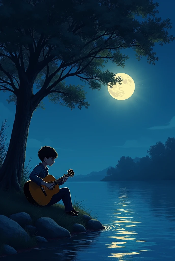 A boy seating under a tree with a guiter side of a river in night with deep moon with a peaceful scenery