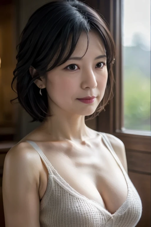 (In 8K, Highest quality, masterpiece:1.2), (Realistic, Photorealistic:1.37), Very detailed, Natural light, Mid-chest, Cleavageが見える, 1 person, 35-year-old woman, Black Hair, short hair, Look up at the viewer from below, Cleavage, Black sleeveless, At the time of the performance, Very detailed顔と肌, Detailed eyes, Very detailed顔と肌