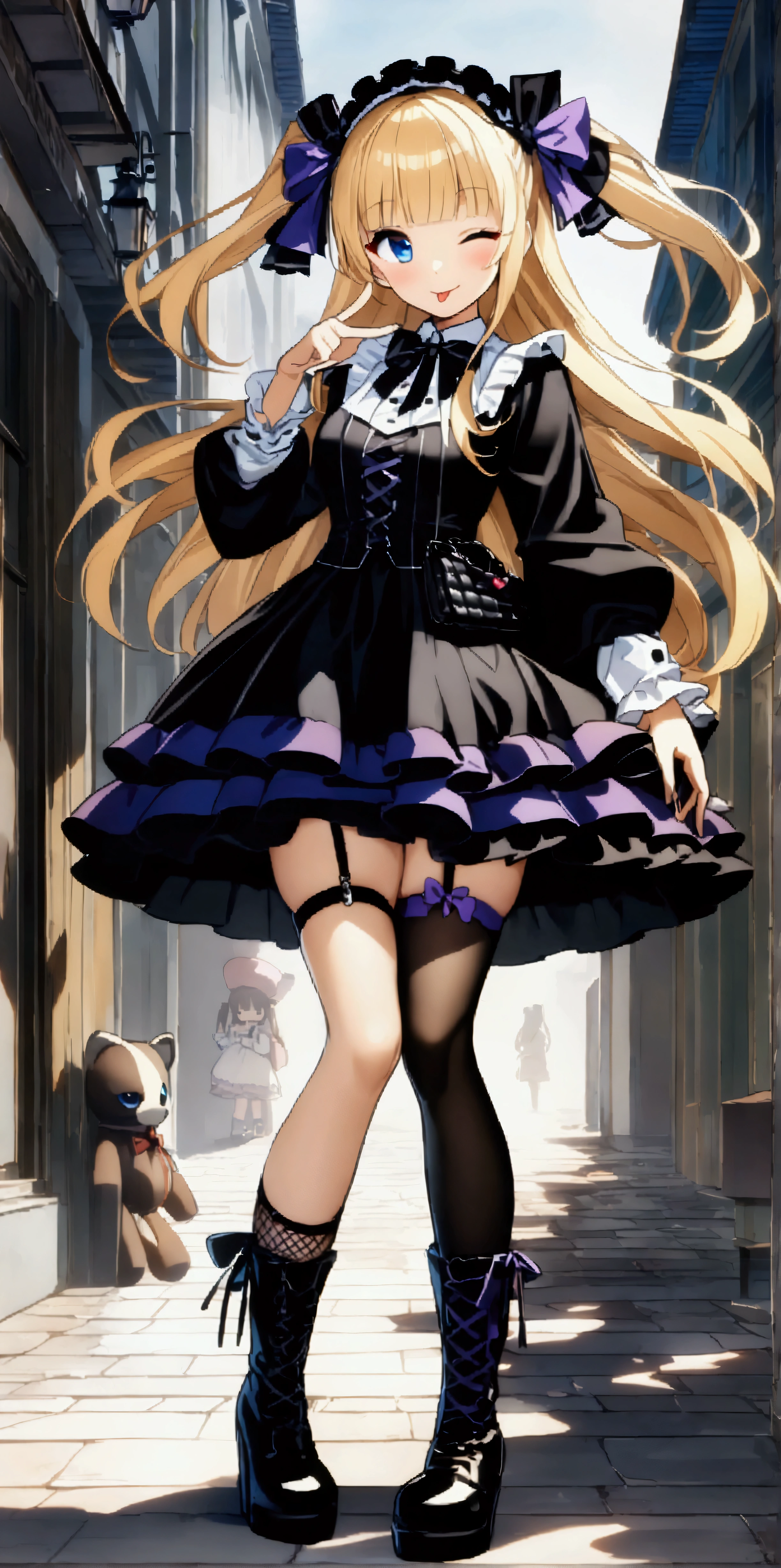  1girl, solo, long hair, looking at viewer, blush, smile, bangs, blue eyes, blonde hair, thighhighs, long sleeves, dress, bow, holding, standing, full body, hair bow, heart, hairband, boots, frills, one eye closed, shoes, tongue, socks, striped, tongue out, blunt bangs, bag, black footwear, two side up, black bow, garter straps, stuffed toy, frilled dress, stuffed animal, single thighhigh, fishnets, puffy long sleeves, asymmetrical legwear, ta fashion, purple bow, handbag, uneven legwear, cross-laced clothes, fishnet thighhighs, ;p, ((32k)), ((best quality)), ((ultra high res)), ((HDR)), ((UHD)), ((extremely detailed CG)), ((unity 32k wallpaper)), ((perfect anatomy)), (((anime colored))), 