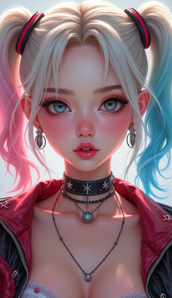 KOREAN Webtoon, beautiful young Korean idol, 20 year old cute, Detailed and intricated Harley Quinn from DC comics, aesthetic, wearing punk outfit, highly detailed eyes, sexy, pastel hair, digital art, illustration, art by Carne Griffiths, adorable face, flawless skin, portrait photography, frontal view, perfect detailed symmetrical eyes, perfect face symmetry, perfect teeth, crisp quality, intricate details, realistic skin texture