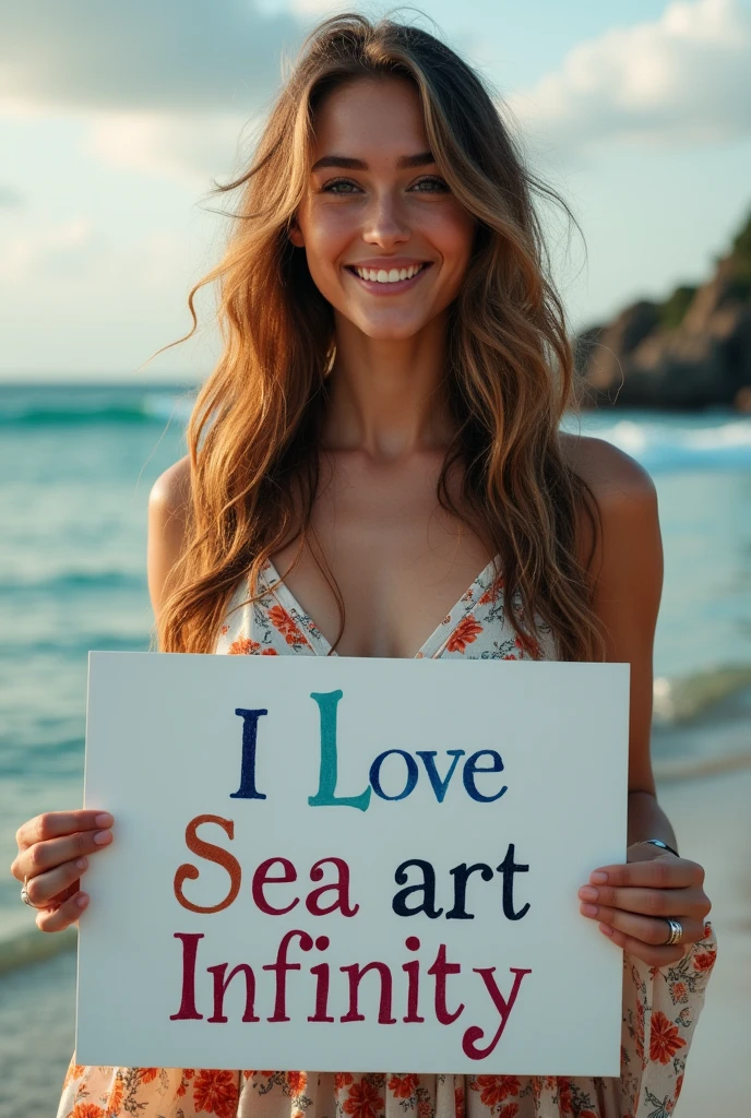 Beautiful girl with wavy long hair, bohemian dress, holding a white board with text "I Love Seaart Infinity" and showing it to the viewer