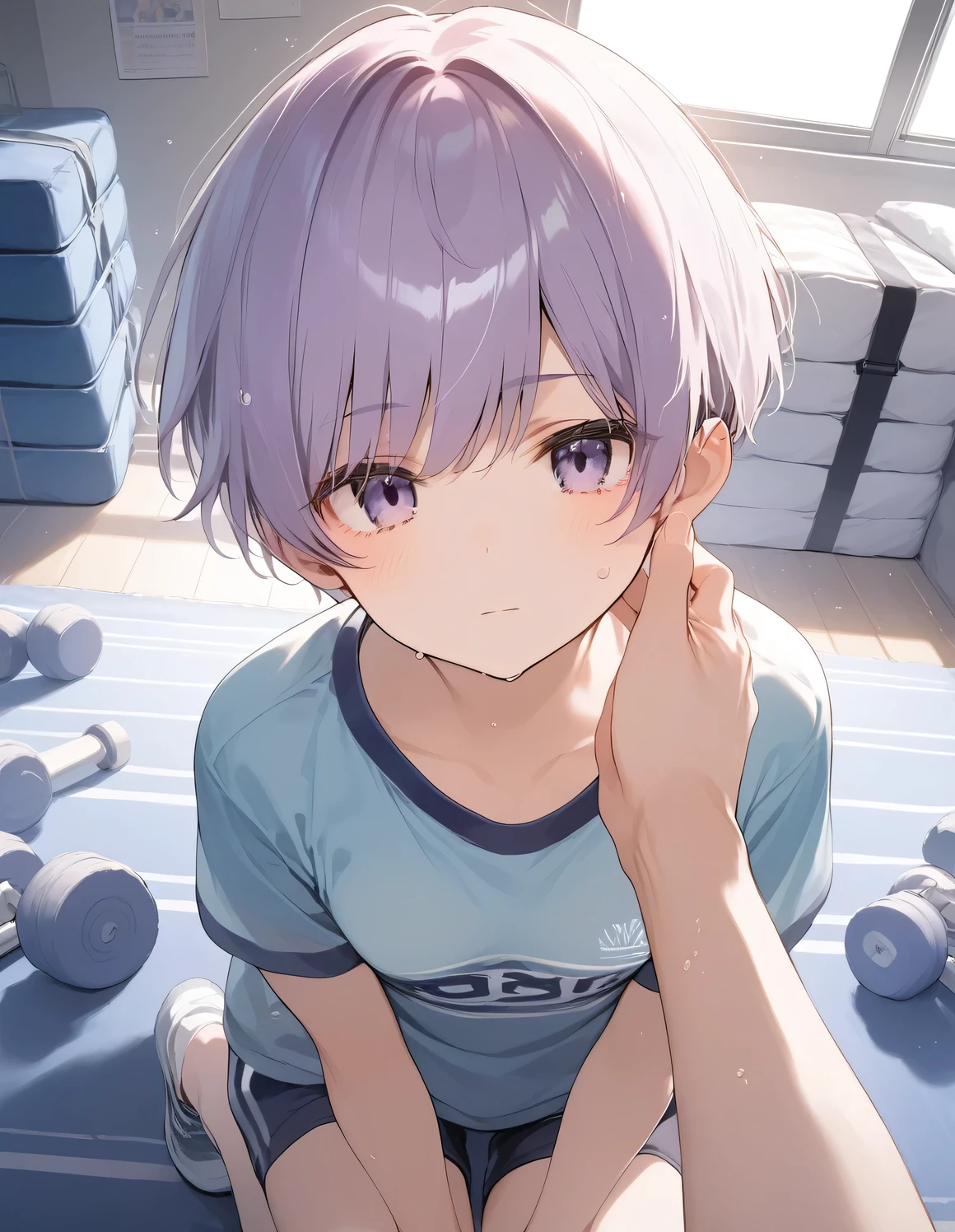 score_9, score_8_up, score_7_up, source_anime, best quality, masterpiece, official art, absurdres, highres, ultra-detailed,waifu2x,JAV Cover,break,1girl, tomboy, idol girl, gym uniform, very short hair, pixie cut, small breasts, slender, beautiful detailed eyes,  expressionless, sweat, sleepily, (disgust:0.3),  sexual appeal, gym storeroom, mat, molestation, pov, pov hands, indoors, break,(clear line illustration:1.2), super detailed skin, shiny skin, very high resolution, very aesthetic, Best sexual lighting powered by famous artist, 4k, 8k, 16k, cute picture, beauty illustration,photoshop_(medium),,(Detailed Lighting),best anime 8k konachan wallpaper, pixiv contest winner, 