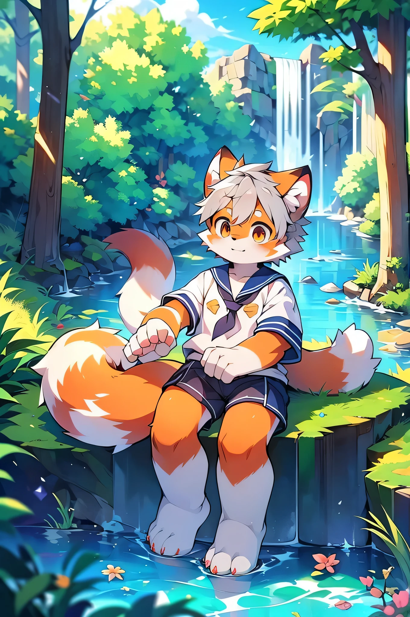 Dagashi,Hair growing all over the body,Red fur,Red face,Gray Hair,male red panda,Libido boy,Red face fur,Fluffy tail,10 years old,Shining Eyes,Panoramic View:1.2,Character Focus,（(Wearing a sailor uniform,River side,waterfall,nature,beautiful))