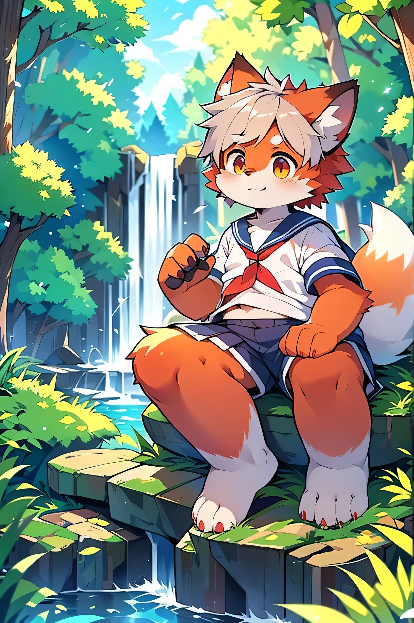 Dagashi,Hair growing all over the body,Red fur,Red face,Gray Hair,male red panda,Libido boy,Red face fur,Fluffy tail,10 years old,Shining Eyes,Panoramic View:1.2,Character Focus,((Wearing a sailor uniform,River side,waterfall,nature,beautiful))