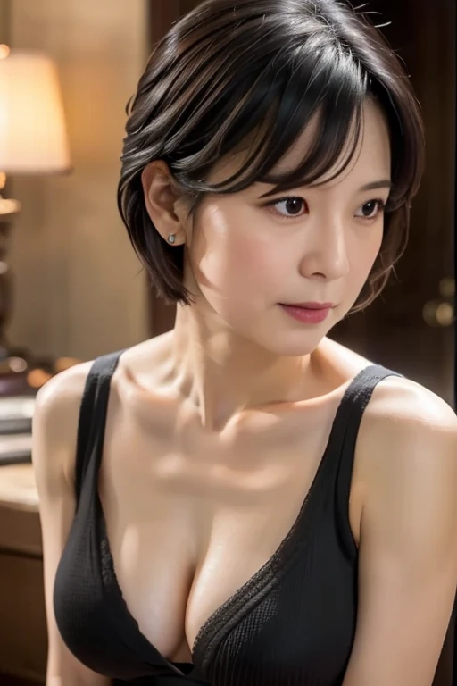 (In 8K, Highest quality, masterpiece:1.2), (Realistic, Photorealistic:1.37), Very detailed, Natural light, Mid-chest, Cleavageが見える, 1 person, 35-year-old woman, Black Hair, short hair, Look up at the viewer from below, Cleavage, Black sleeveless, At the time of the performance, Very detailed顔と肌, Detailed eyes, Very detailed顔と肌
