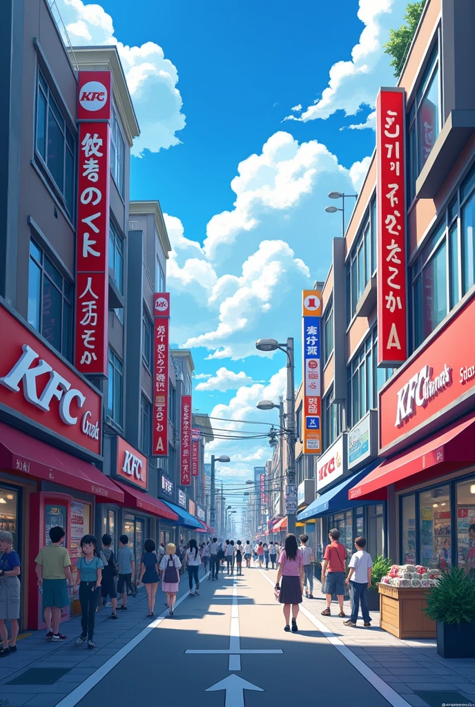 Make a modern anime business street with bright but cold colors and a KFC in the background as a business with an anime crowd included, View from the other street horizontally