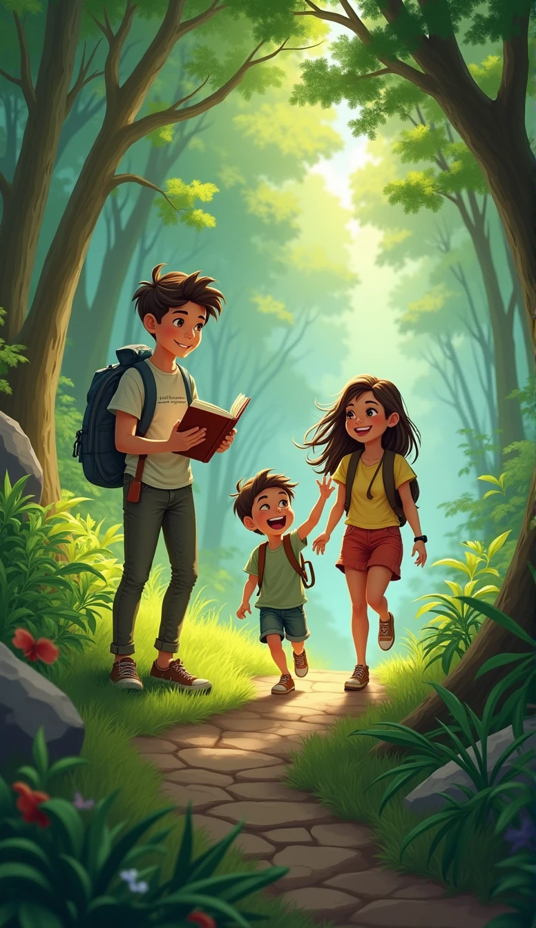 create an image as follows, the three brothers walking through the forest, laughing and chatting animatedly. WHOM, the eldest, holds a book, Bela, the middle sister, is holding a sketchbook, it&#39;s Sam, The youngest, jumps between them with energy.