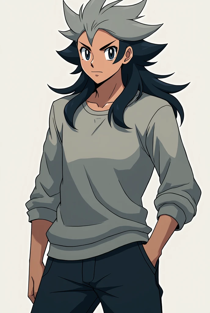 A pokemon trainer character, masculine,has black eyes with white pupils, long hair up to the beginning of the neck, gray in color with black highlights, wears an informal style of clothing, always wearing a sweatshirt and pants made of comfortable, loose fabric,