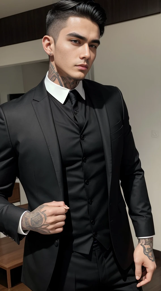 Handsome boy, 20-year-old, Big eyes, Square face, Short black hair, Muscular, Neck tattoo, Wearing a black suit and shirt, Wealthy middle-aged businessman, Round face, a little bald, Two handshake cooperation, Highest quality, masterpiece, masterpiece