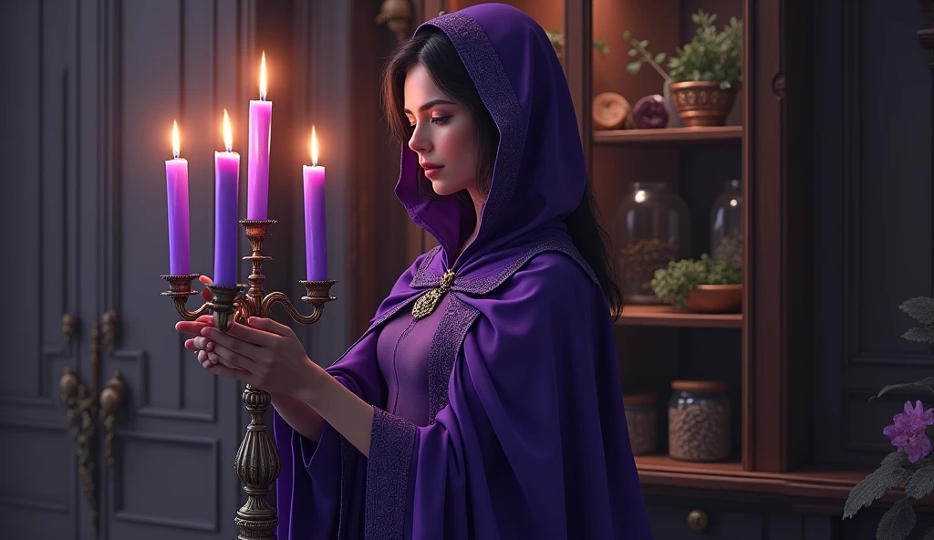 woman in violet priestess cape holding candlestick of violet candles, convey depth, in the background a cupboard with various aromatic herbs,