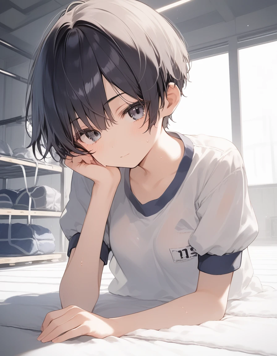 score_9, score_8_up, score_7_up, source_anime, best quality, masterpiece, official art, absurdres, highres, ultra-detailed,waifu2x,JAV Cover,break,1girl, tomboy, idol girl, gym uniform, very short hair, pixie cut, small , slender, beautiful detailed eyes, expressionless, sweat, sleepily, (disgust:0.3), sexual , gym storeroom, mat, pov, indoors, break,(clear line illustration:1.2), super detailed skin, shiny skin, very high resolution, very aesthetic, Best sexual lightiered by famous artist, 4k, 8k, 16k, cute picture, beauty illustration,photoshop_(medium),,(Detailed Lighting),best anime 8k konachan wallpaper, pixiv contest winner,