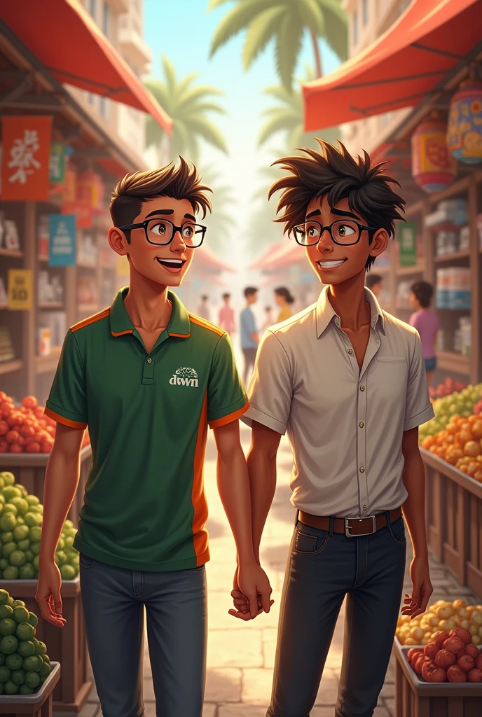 Create a 20 year old boy with trimmed hair wearing glasses. He is wearing a green polo shirt with orange stripes and on his chest it says dawn. On his side we have ther 20 year old boy who has very curly hair and wears glasses.. He has a white dress shirt and black pants.. They are both working in the market