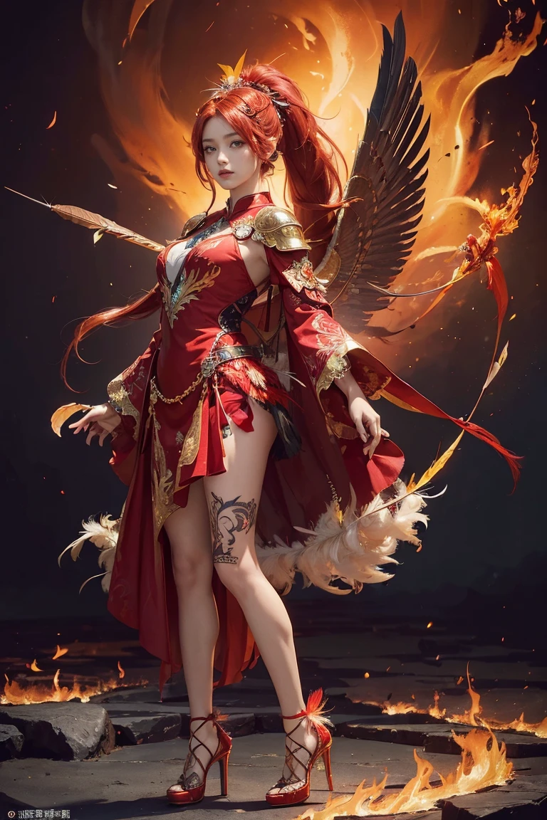 ( Absurdly , high quality , Very detailed,View Photographer)、(ponytail、Red Hair)、Phoenix Queen、(((Feather hair accessory)))、Beautifully detailed phoenix-patterned dress and armor、Phoenix-inspired costume、Phoenix feathers and tail、((Tattoo))、Queen of Queens、(masterpiece, 最high quality, 最high quality, Official Art, Beauty and aesthetics: 1.2), (One girl: 1.3)、((fantastic flame background))、(((High heels)))、(((Cute standing pose)))
