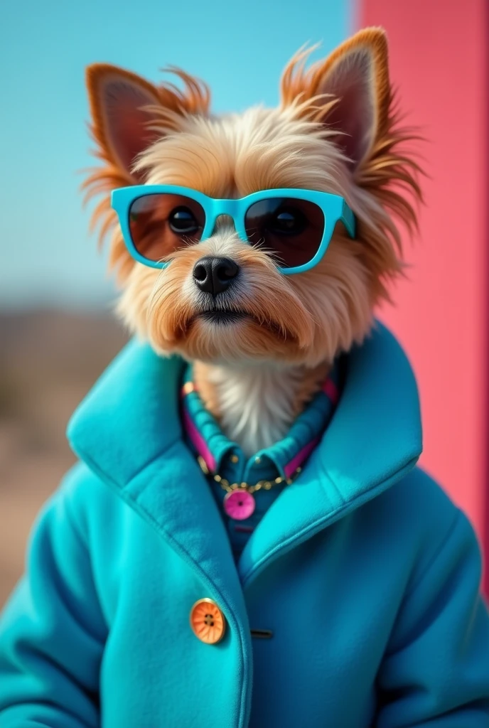 The best cell phone wallpaper, Award-Winning Wallpaper, portrait photography, In the front view is a portrait of a cute dog wearing mid-1960s space age fashion, Side view photo, Shot with Canon EOS R5, Set a strong contrast that accentuates the subject, Fluorescent blue tone, Wearing a very modern coat and sunglasses is a modern 1960s style, Clothes all in one color, beautiful background