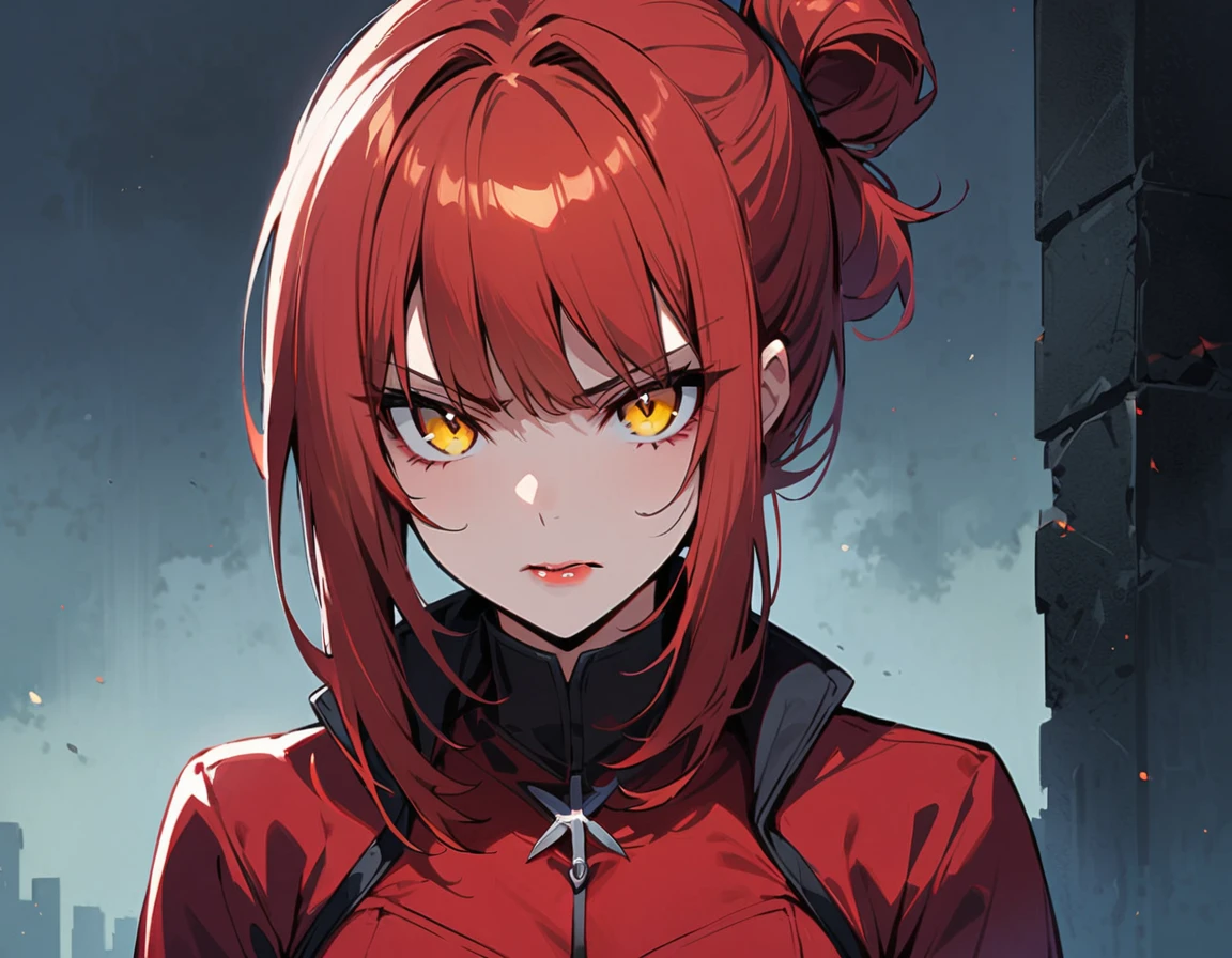 Long red hair, yellow eyes, evil, sexy, black and red clothes, tied hair, cute hairstyle, evil face, evil, serious look, gloss lips, sit, sinister, front look, bloody, gloves, close up, portrait, beautiful eyes, short dress, big white, dark place, night, sensual, straigh hair cut, clear skin, evil, young 30 years girl, adult girl, solo, red, very long hair,
