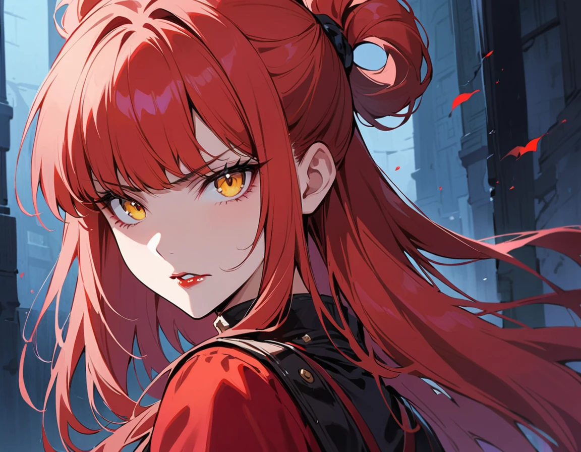Long red hair, yellow eyes, evil, sexy, black and red clothes, tied hair, cute hairstyle, evil face, evil, serious look, gloss lips, sit, sinister, front look, bloody, gloves, close up, portrait, beautiful eyes, short dress, big white, dark place, night, sensual, straigh hair cut, clear skin, evil, young 30 years girl, adult girl, solo, red, very long hair,