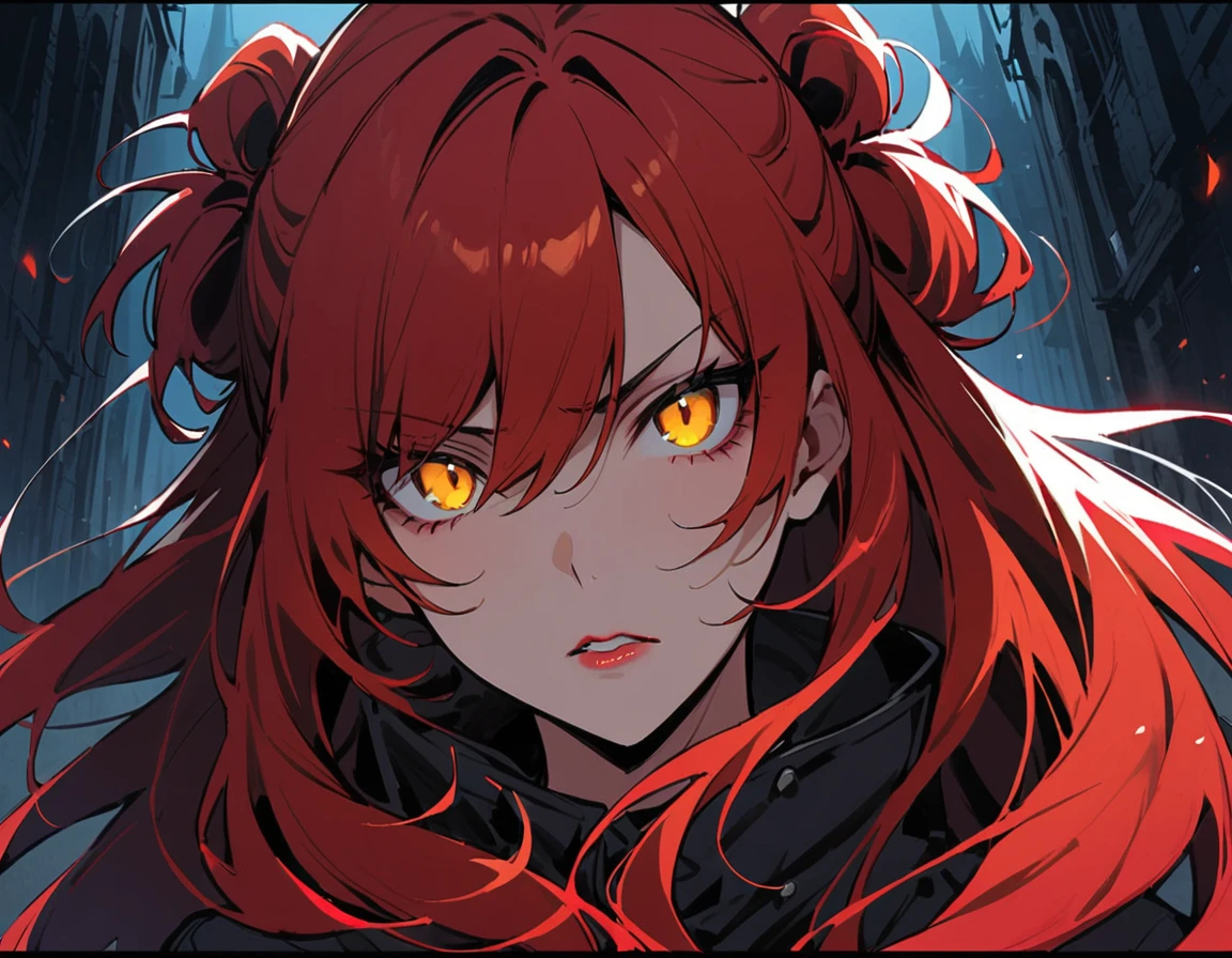 Long red hair, yellow eyes, evil, sexy, black and red clothes, tied hair, cute hairstyle, evil face, evil, serious look, gloss lips, sit, sinister, front look, bloody, gloves, close up, portrait, beautiful eyes, short dress, big white, dark place, night, sensual, straigh hair cut, clear skin, evil, young 30 years girl, adult girl, solo, red, very long hair,