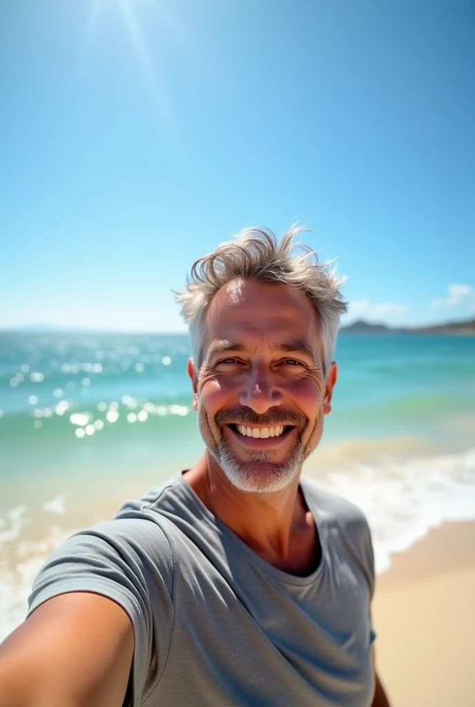 American men 52 years old smiling on the beach selfie