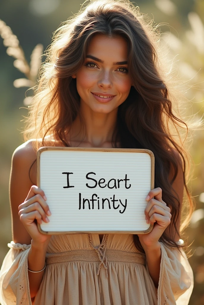 Beautiful girl with wavy long hair, bohemian dress, holding a white board with text "I Love Seaart Infinity" and showing it to the viewer