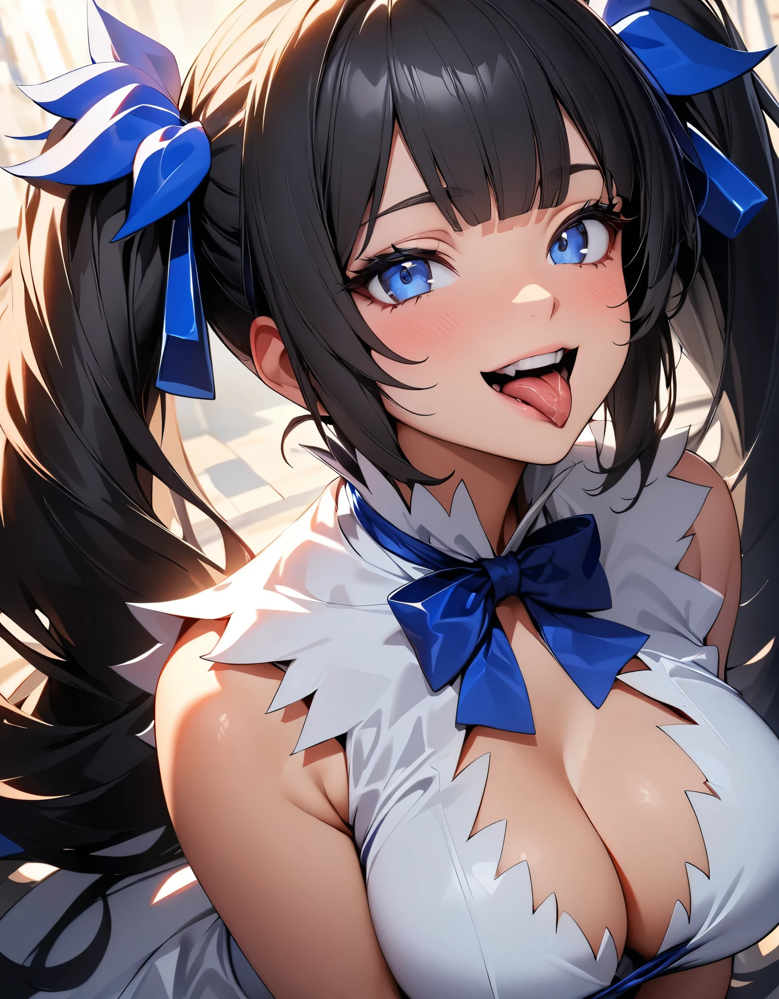 (Highest quality:1.2, Very detailed, Latest, Vibrant, 超High resolution, High Contrast, masterpiece:1.2, Highest quality, Best aesthetics), (((1 girl))), Carefully drawn oral cavity, Beautiful female mouth, Beautiful teeth alignment, Detailed depiction of the back of the throat, Glossy lips, Rouge, Stick your tongue out, Oral mucosa, saliva, (Close-up of the mouth:1.1, Front view), Obscene, Foster a sense of inferiority, Obscene eyes, Lewd smile, (Hestia (danmachi), chest, Long Hair, blue ribbon, Twin tails, ribbon, dress, Rei no himo, large chest, blue eyes, Black Hair, chestの谷間, white dress, hair ribbon, bow, No sleeve, No sleeve dress, bangs, hair ornaments, Clothing cutouts, very Long Hair),Professionalism, Bright colors, High resolution, correct perspective, (Soft focus throughout).
