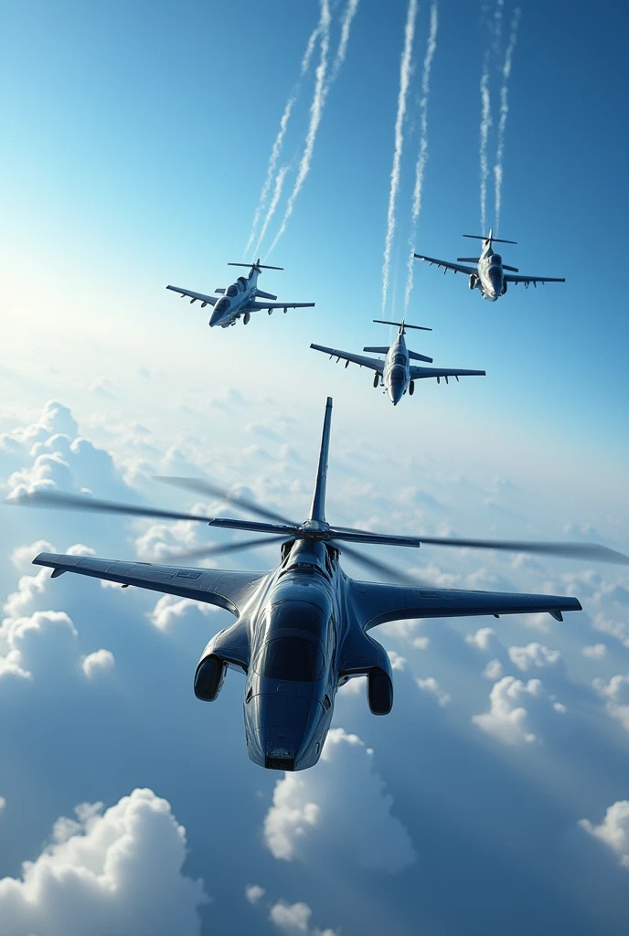 I want a helicopter and three jet over it in sky