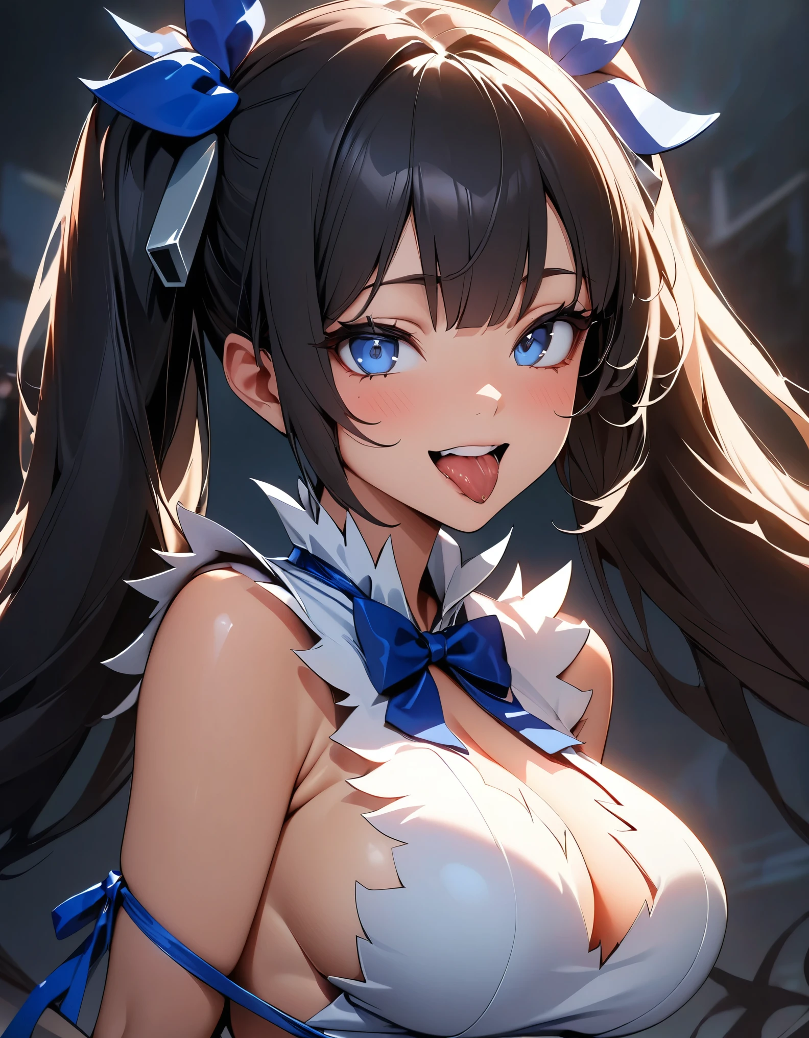 (Highest quality:1.2, Very detailed, Latest, Vibrant, 超High resolution, High Contrast, masterpiece:1.2, Highest quality, Best aesthetics), (((1 girl))), Carefully drawn oral cavity, Beautiful female mouth, Beautiful teeth alignment, Detailed depiction of the back of the throat, Glossy lips, Rouge, Stick your tongue out, Oral mucosa, saliva, (Close-up of the mouth:1.1, Front view), Obscene, Foster a sense of inferiority, Obscene eyes, Lewd smile, (Hestia (danmachi), chest, Long Hair, blue ribbon, Twin tails, ribbon, dress, Rei no himo, large chest, blue eyes, Black Hair, chestの谷間, white dress, hair ribbon, bow, No sleeve, No sleeve dress, bangs, hair ornaments, Clothing cutouts, very Long Hair),Professionalism, Bright colors, High resolution, correct perspective, (Soft focus throughout).