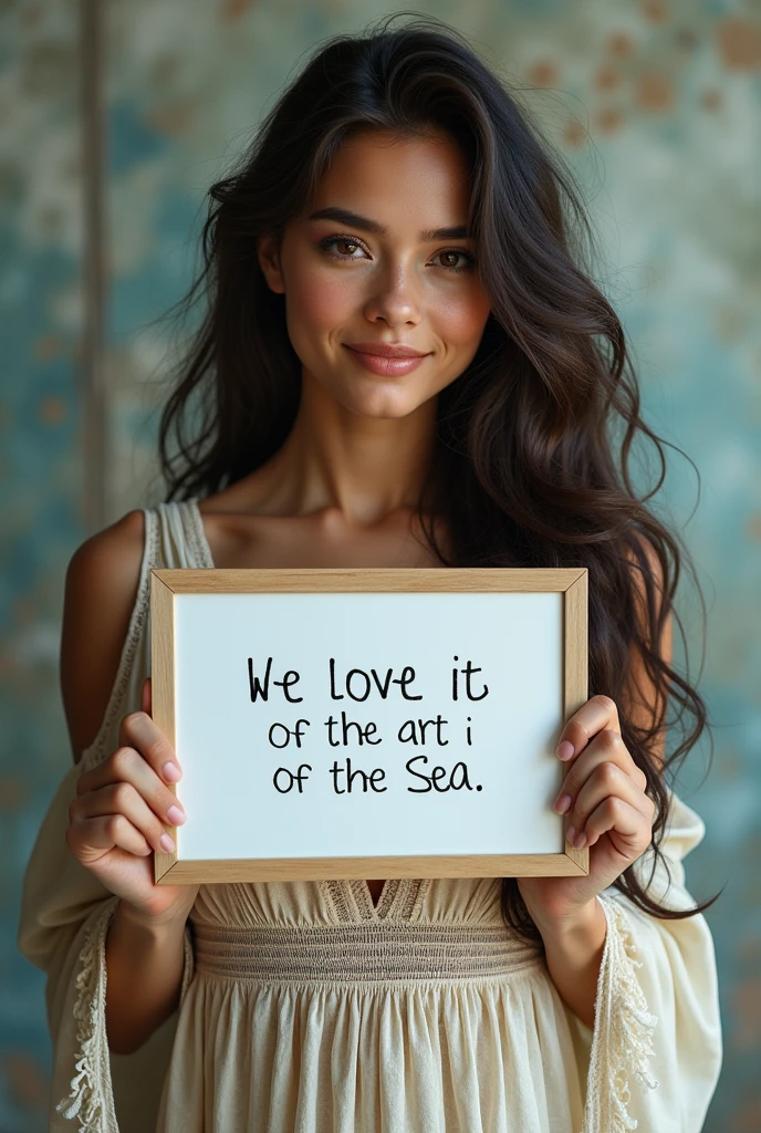 Beautiful girl with wavy long hair, bohemian dress, holding a white board with text "I Love Seaart Infinity" and showing it to the viewer