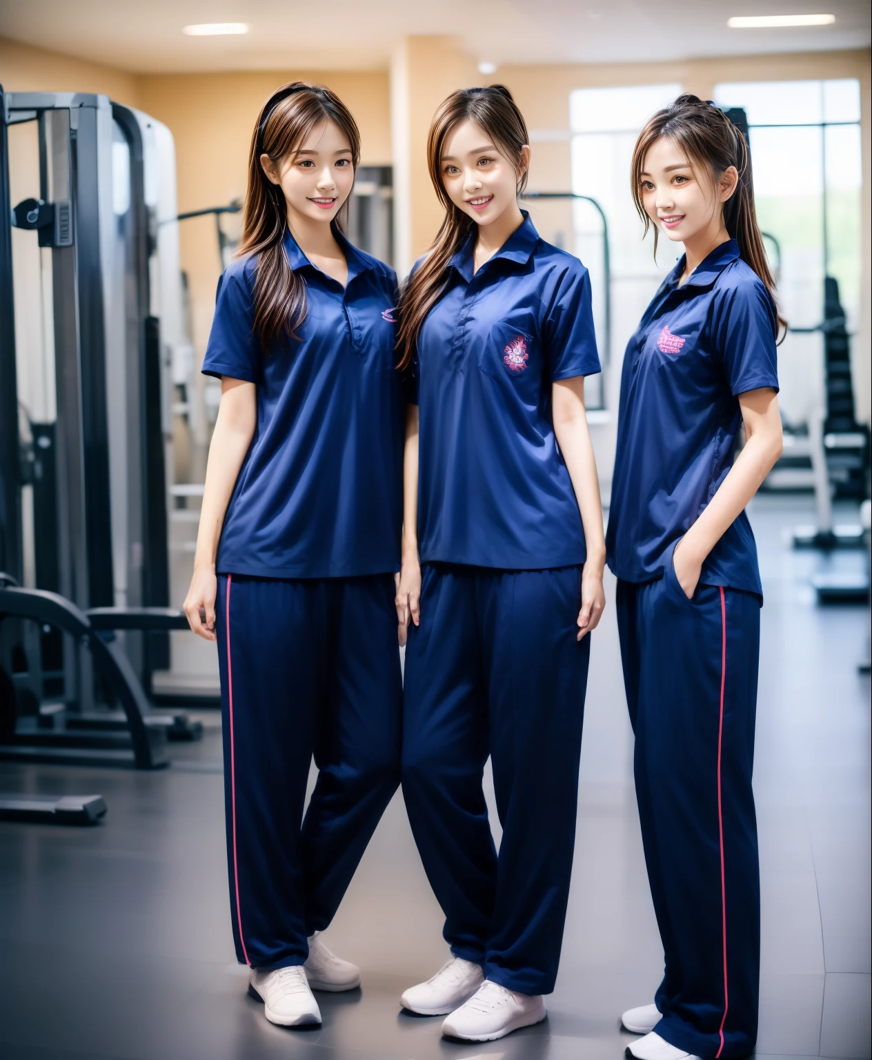 3 girls in fitness center, Navy blue short-sleeved shirt,Navy Long Trackpant,Sweatpants, Sweatpantsขายาว,25 year old girl, lesbian, sexy, exercise clothes, wet body, exercise clothes