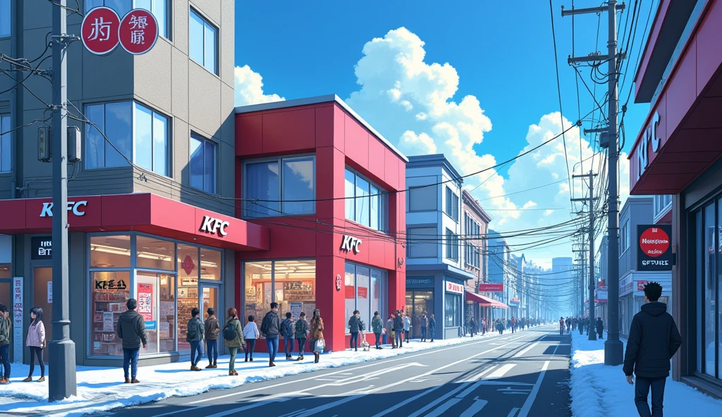 Make a modern anime business street with bright but cold colors and a KFC in the background as a business with an anime crowd included, View from the other street horizontally